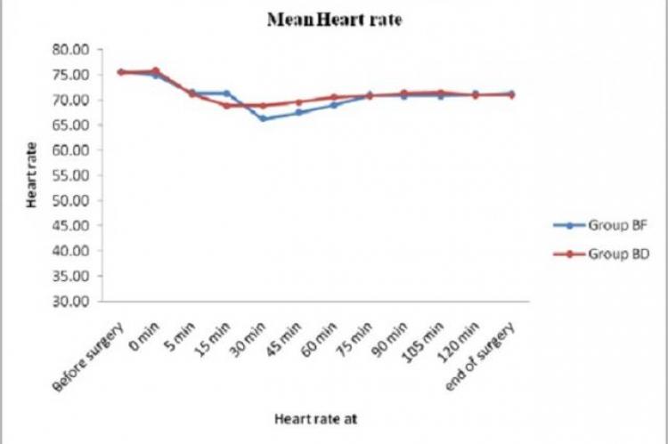  Line diagram showing changing heart rate between group BF and BD throughout the surger